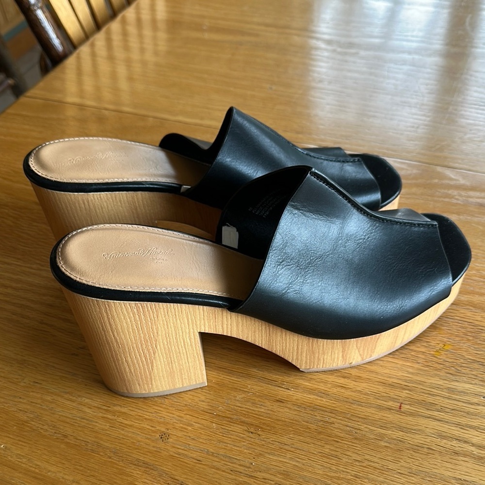 Black and Tan Leather Clogs with Wooden Platform